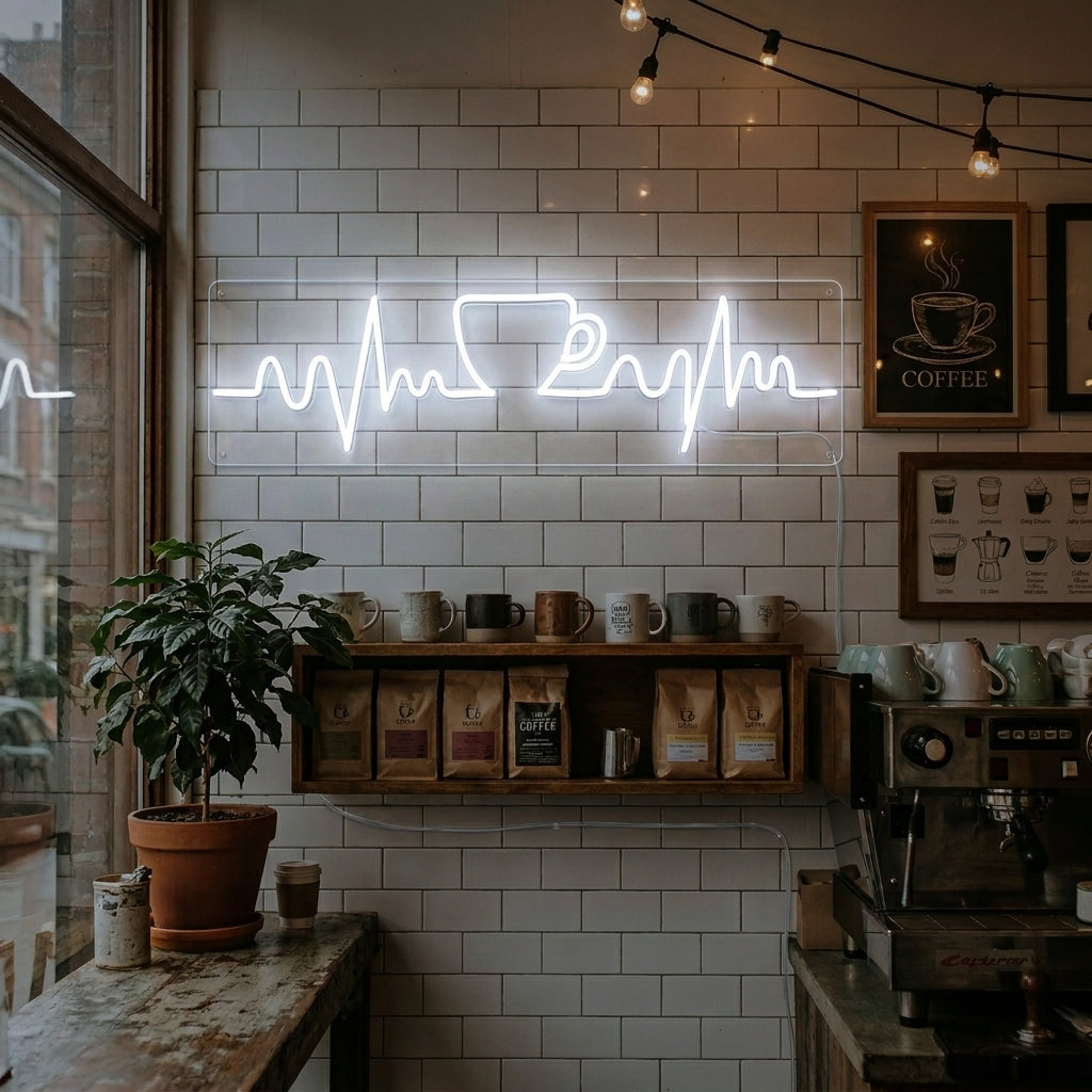 Neon LED-bord met koffietas en hartslaglijn, warme lichtdecoratie voor café of keuken.