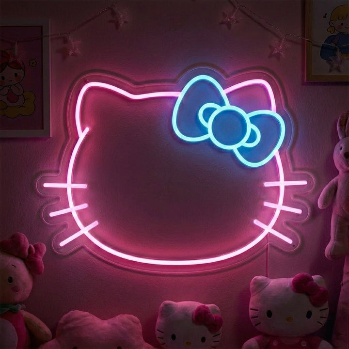 Roze neon LED-bord van Hello Kitty gezicht, schattige decoratie voor meisjeskamer.
