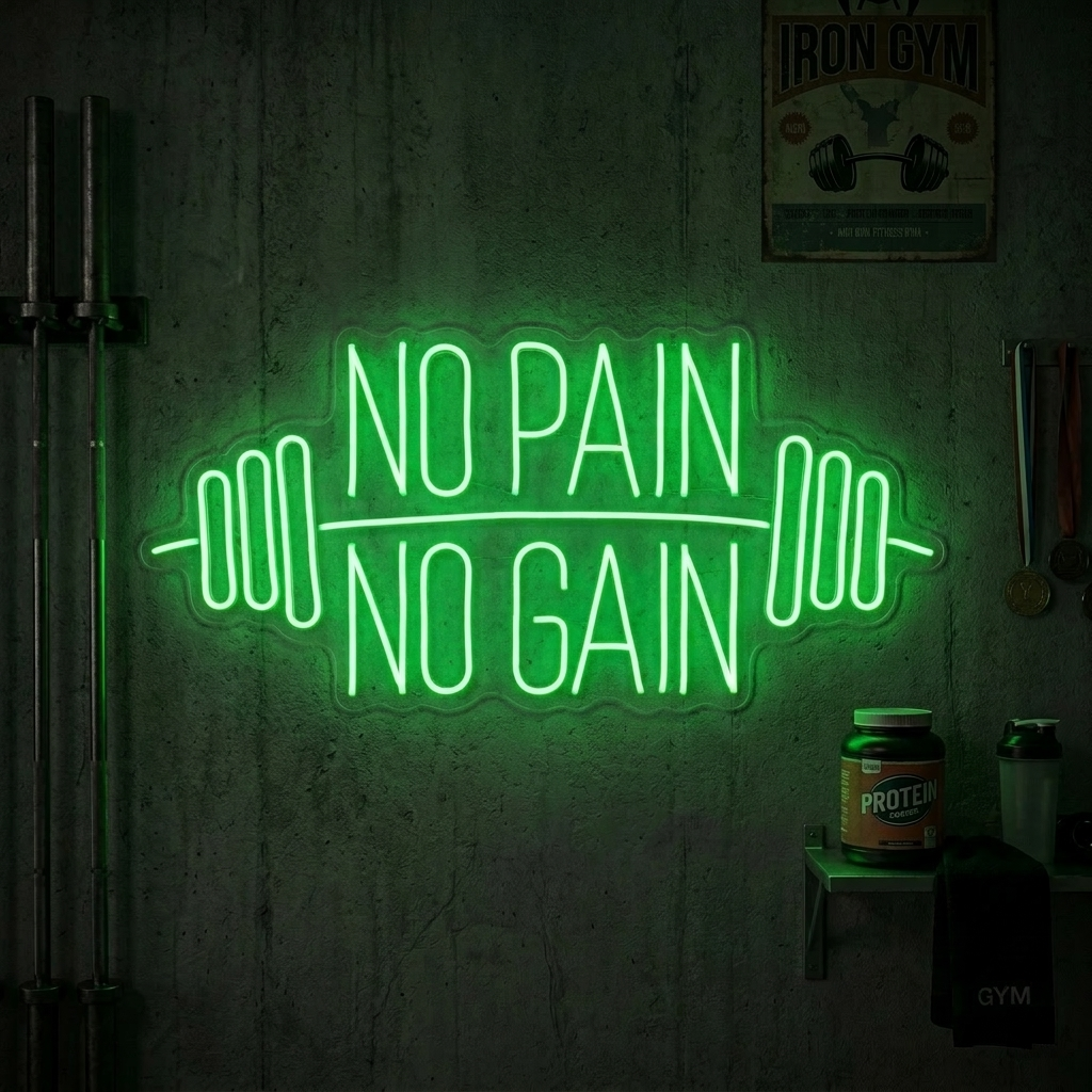 Groen neon LED-bord “No Pain No Gain” met halters, motivatieverlichting voor gym.