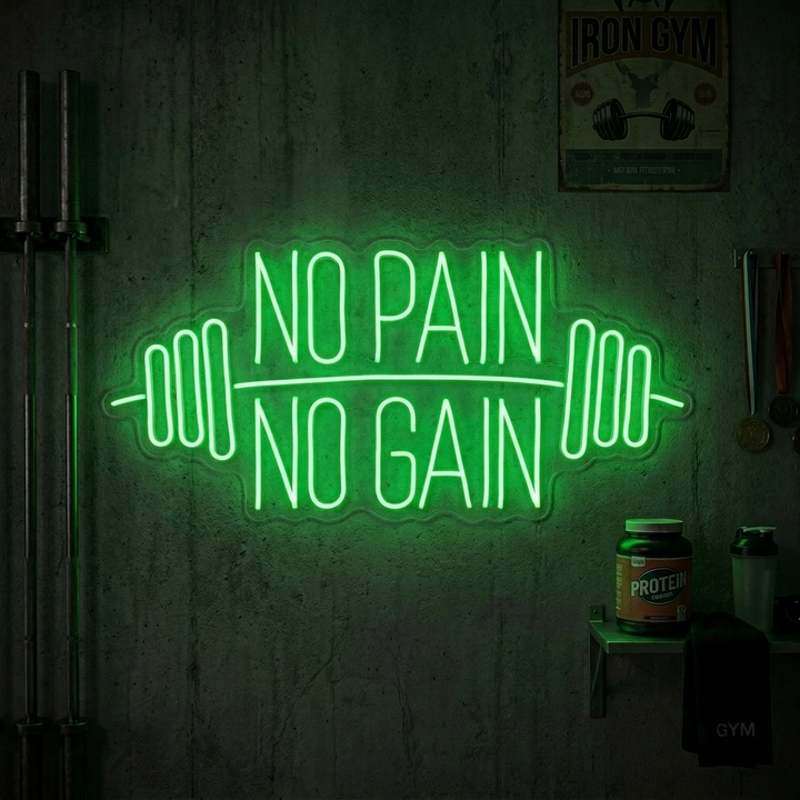Groen neon LED-bord “No Pain No Gain” met halters, motivatieverlichting voor gym.