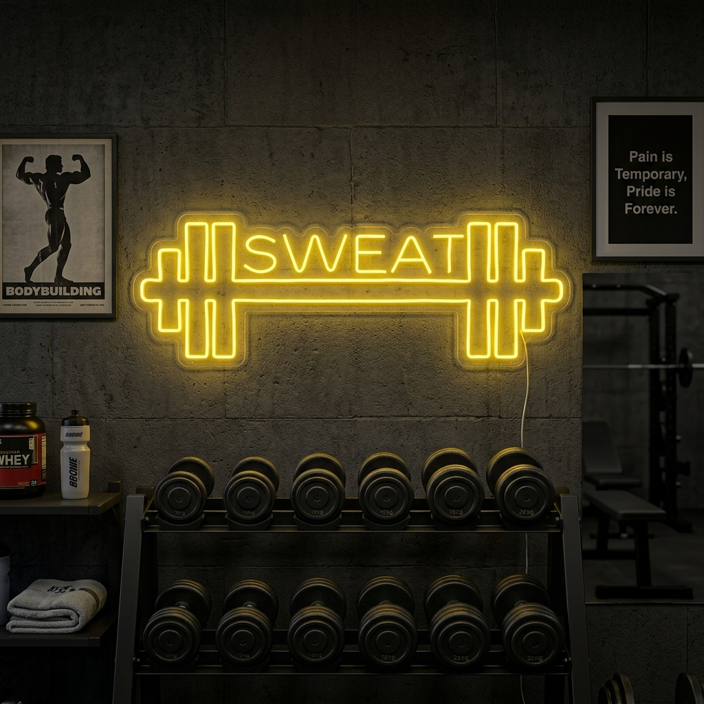 Neon LED-bord met halter en personaliseerbare tekst, fitnessdecoratie voor gym of studio.