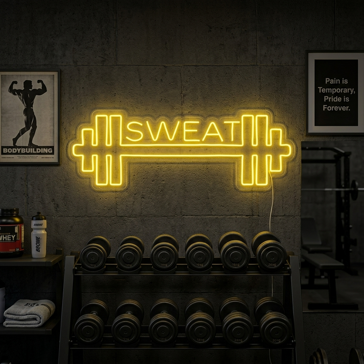 Neon LED-bord met halter en personaliseerbare tekst, fitnessdecoratie voor gym of studio.