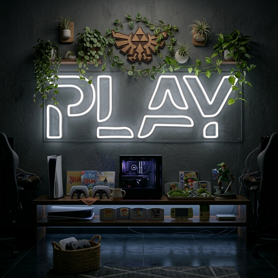 Wit neon LED-bord “PLAY” boven pc-setup, moderne verlichting voor gamingruimte.