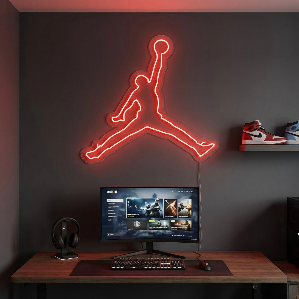 Rode Jumpman-silhouet in neon LED, wanddecoratie voor sportkamer of sneakercollectie.