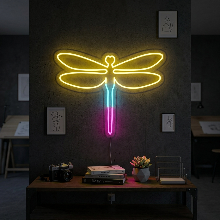 Libelle dragonfly LED neon geel roze blauw