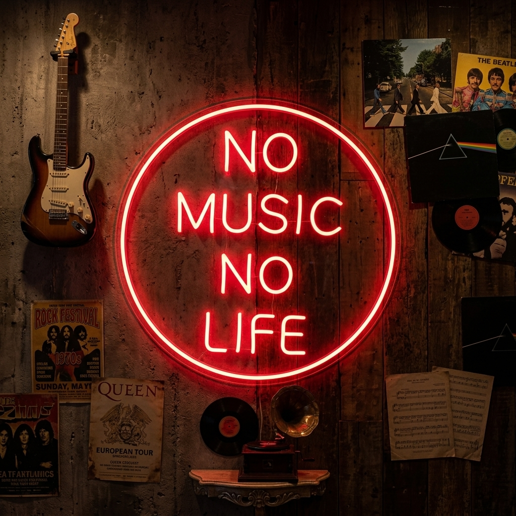 NO MUSIC NO LIFE ronde rode LED neon tekst