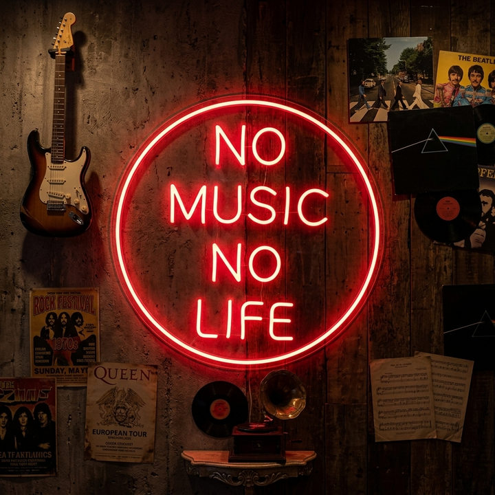 NO MUSIC NO LIFE ronde rode LED neon tekst