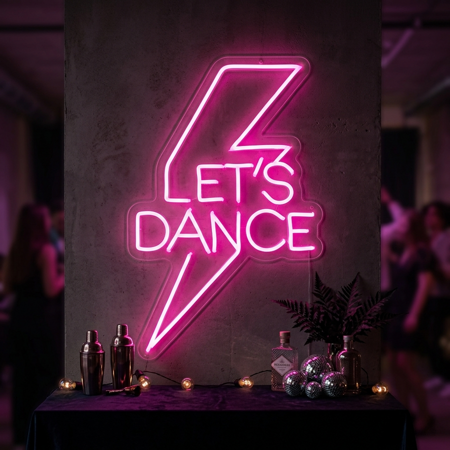 Roze neon LED “Let’s Dance” met bliksem, feestelijke verlichting voor dans- of partyruimte.