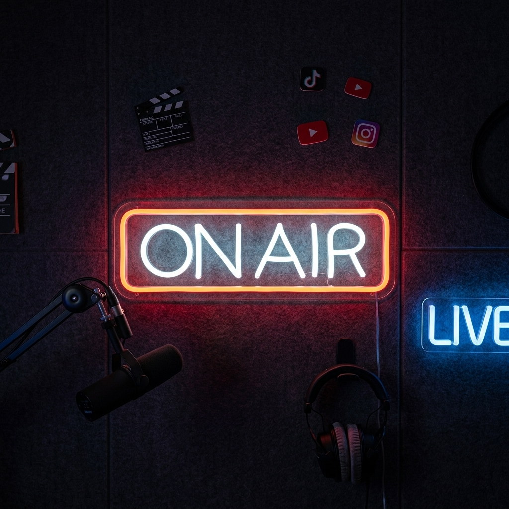 Rood neon LED-bord “ON AIR”, professionele verlichting voor studio of streamingruimte.