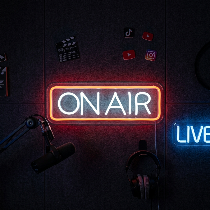Rood neon LED-bord “ON AIR”, professionele verlichting voor studio of streamingruimte.