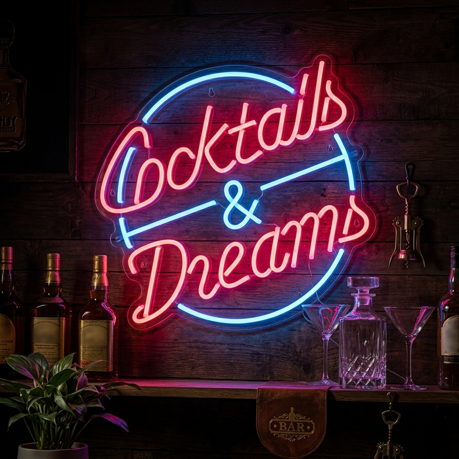 Rood-blauw neon LED-bord “Cocktails & Dreams”, retro nachtbardecoratie.