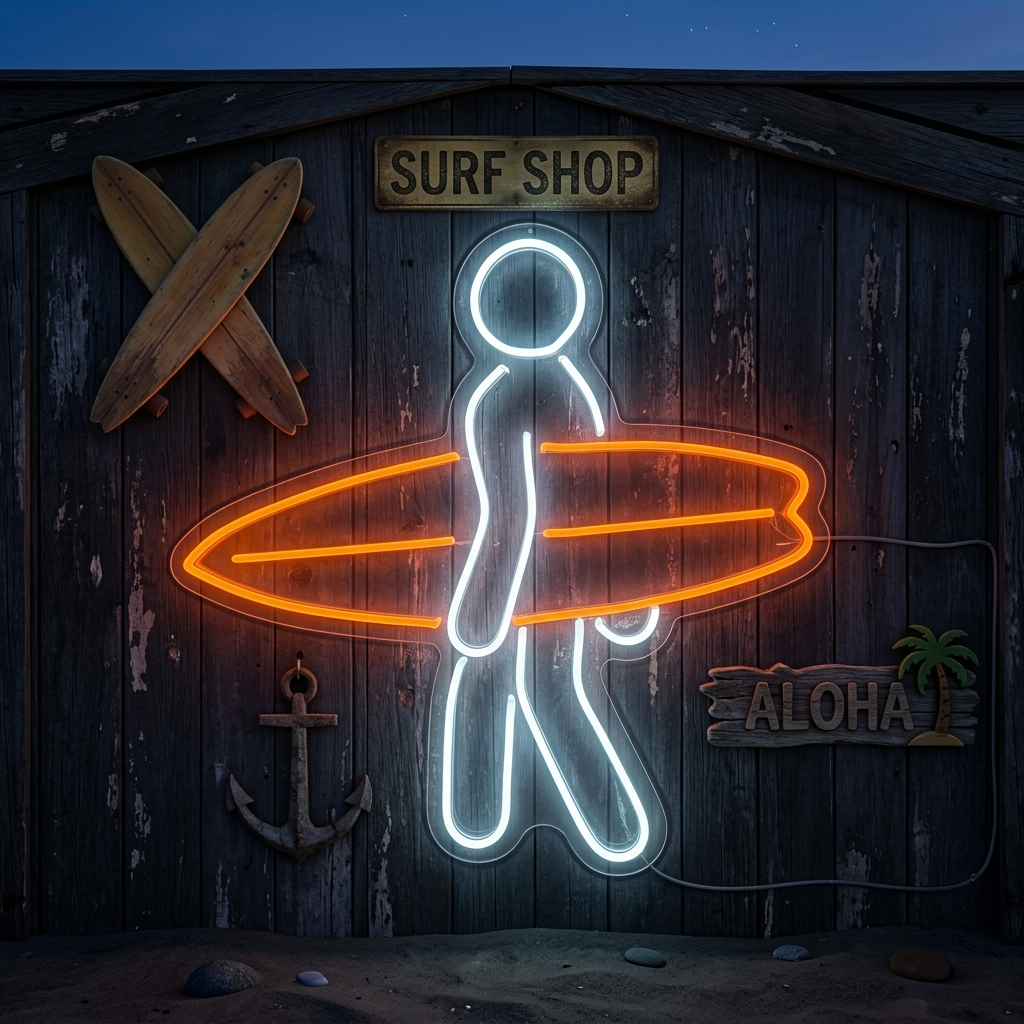 Surfer silhouet met oranje surfplank LED neon