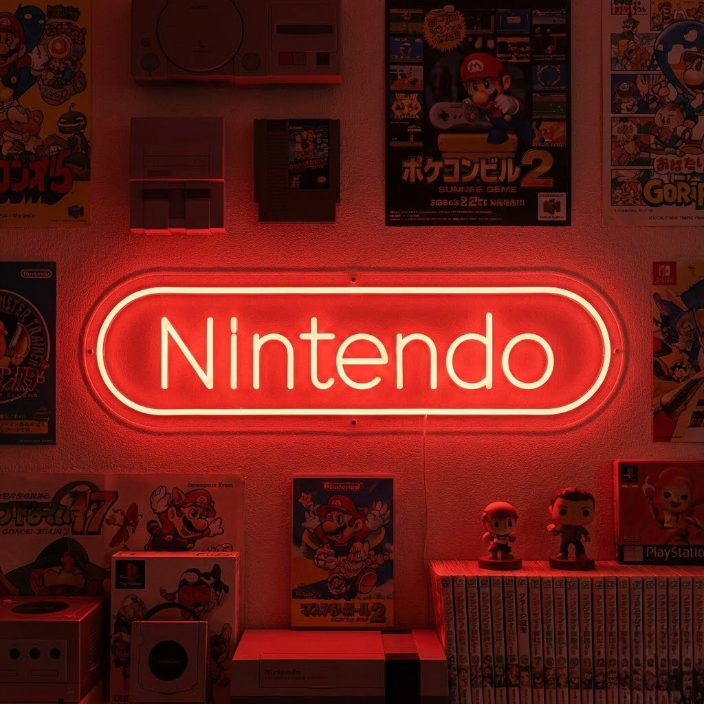 Nintendo logo rood LED neon boven gaming setup