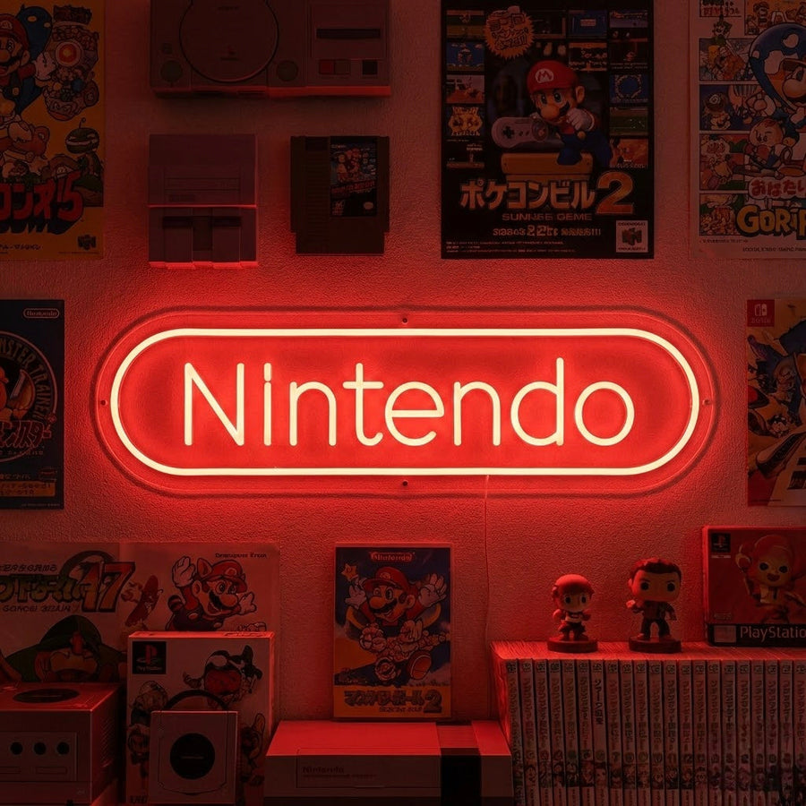 Nintendo logo rood LED neon boven gaming setup
