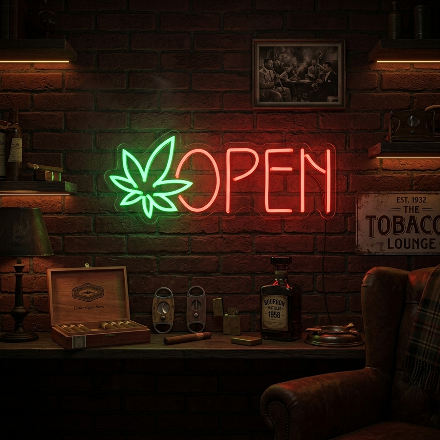 OPEN neon sign met groen cannabisblad