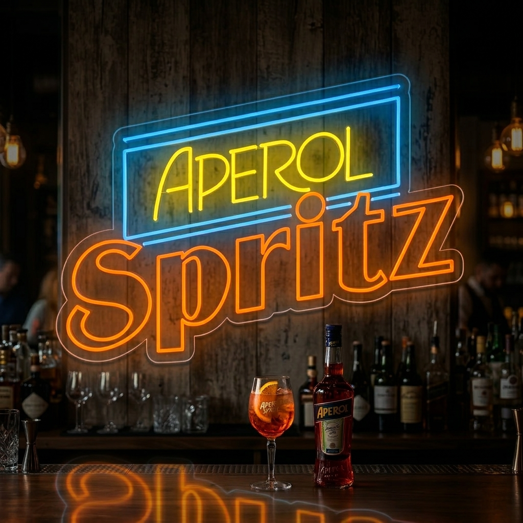 Neon LED-bord Aperol Spritz, feloranje barverlichting.