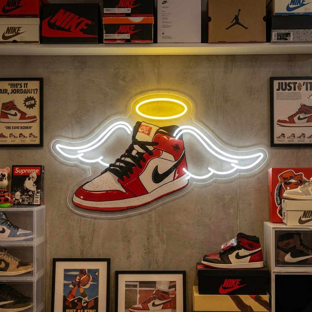 Neon LED-bord Air Jordan sneaker met vleugels, streetweardecoratie.