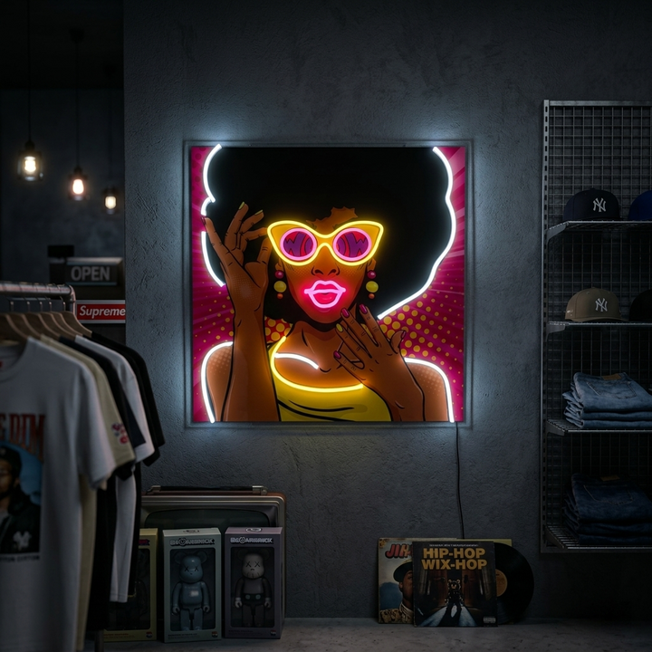 "50's Afro -Amerikaans meisje, popkunst" UV-geprint LED-neonbord