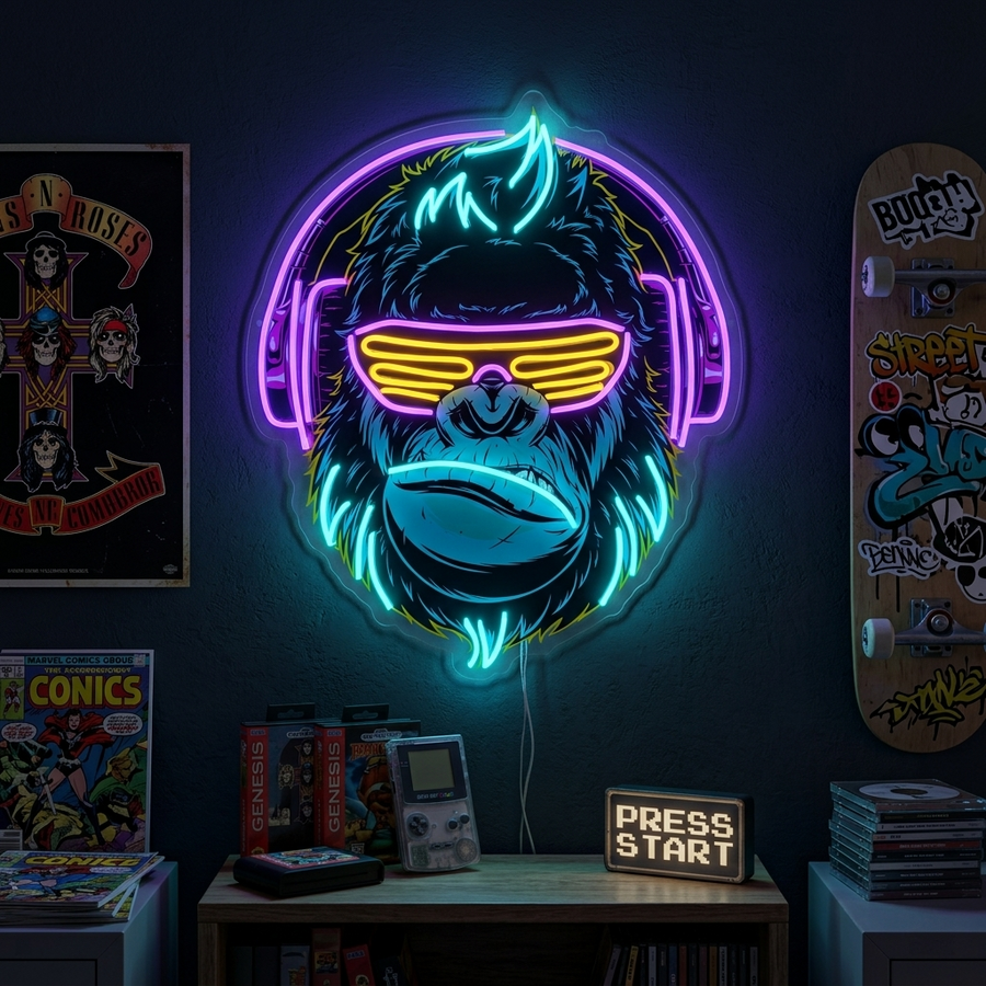 neon gorilla met koptelefoon