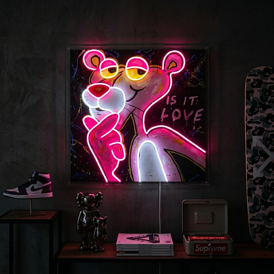 Neon LED Pink Panther cartoonbord, kleurrijke decoratie.