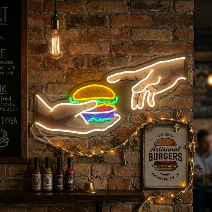 "Handen met hamburger" Neonbord