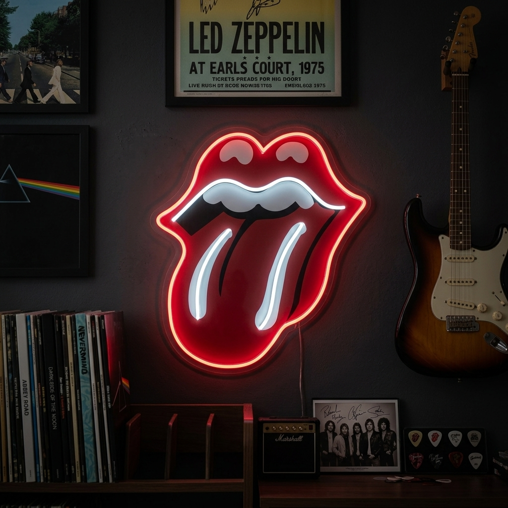 Neon LED Rolling Stones Tongue bord, rockdecoratie.