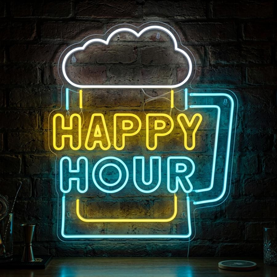 neon biermok met tekst happy hour
