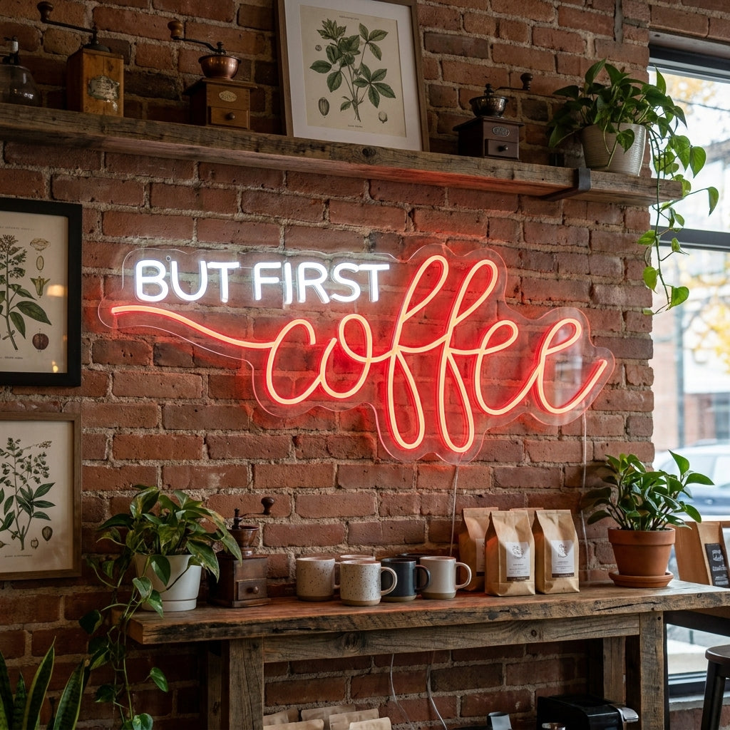 Neon LED “But First Coffee” bord, koffiehoekdecoratie.