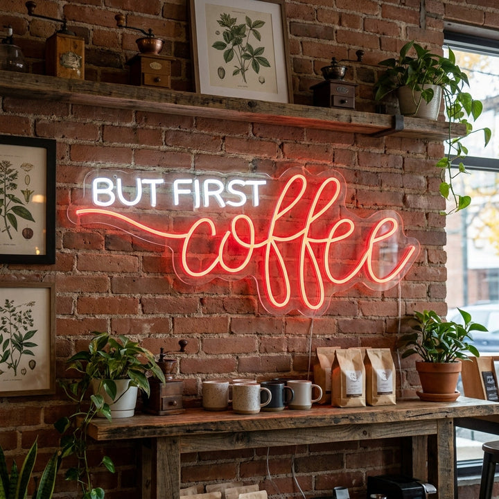 Neon LED “But First Coffee” bord, koffiehoekdecoratie.