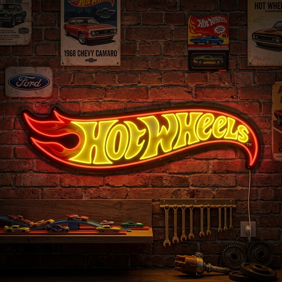 Hot Wheels logo neon met vlamontwerp
