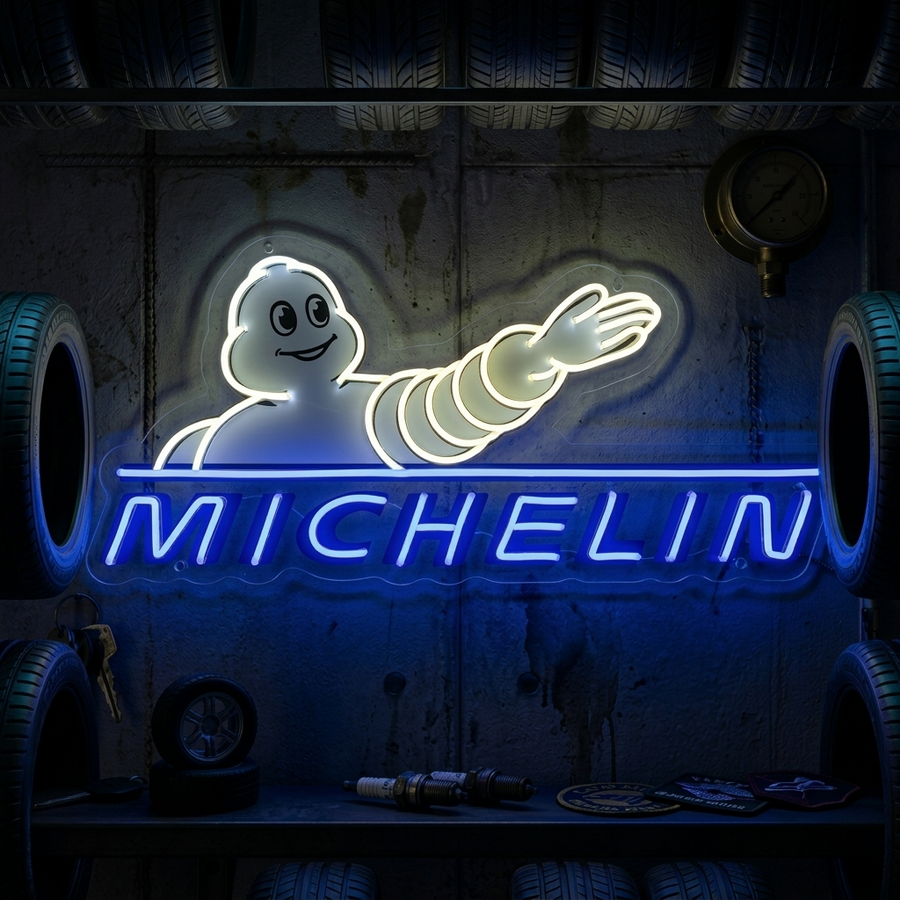 Neon LED Michelin Bibendum, professionele garageverlichting.