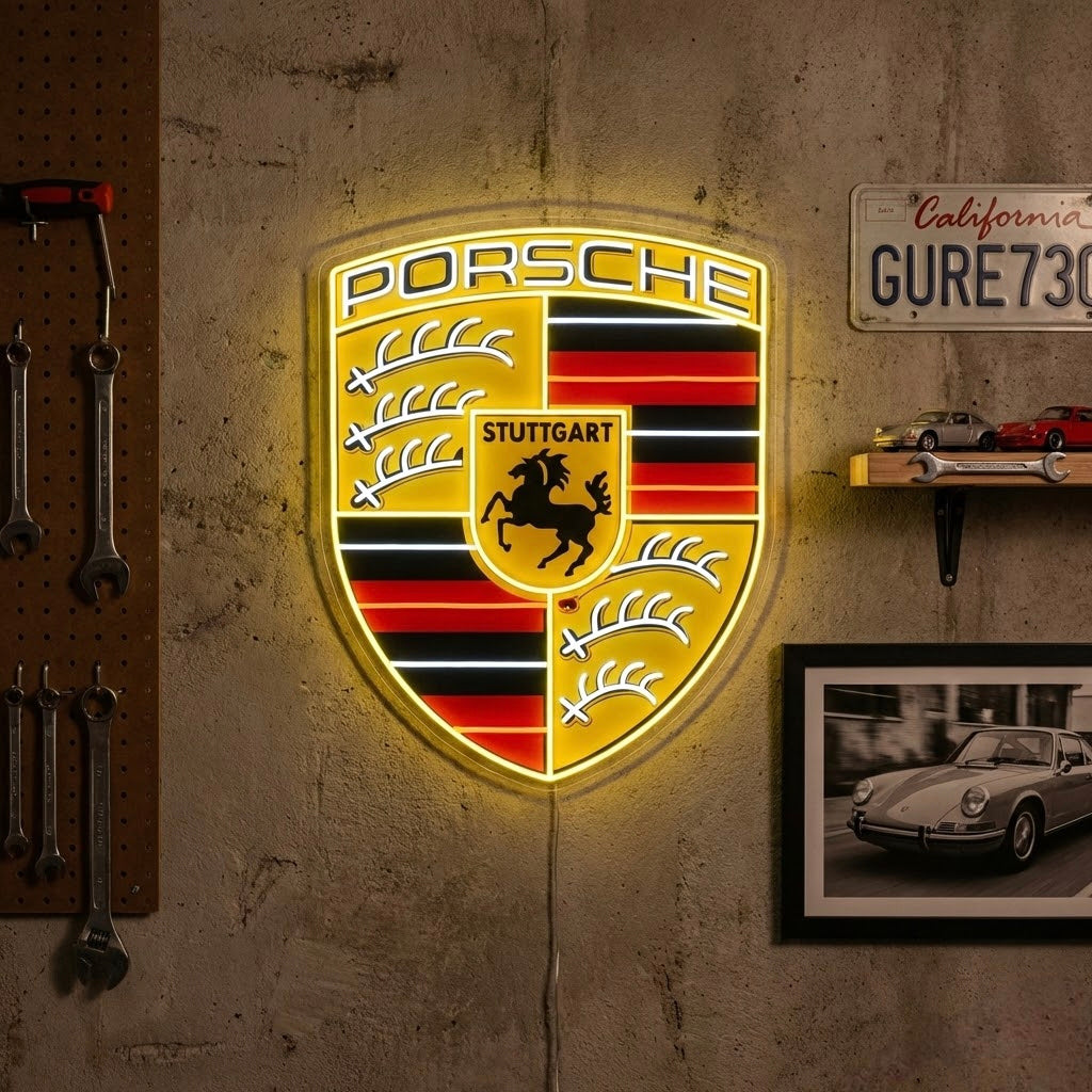 Neon LED Porsche schild logo, luxe wagen decoratie.