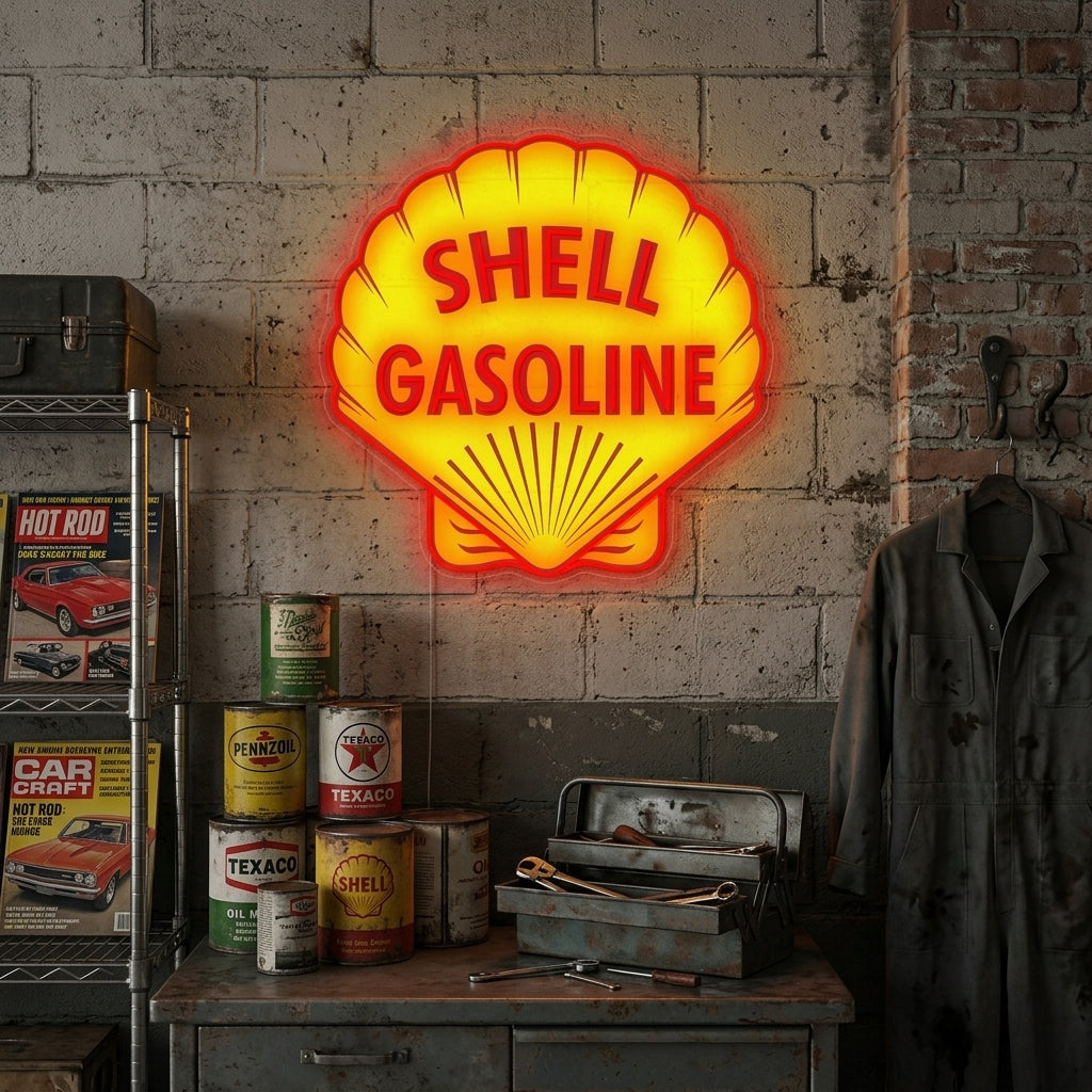 Neon LED Shell Gasoline logo, vintage benzinebord.