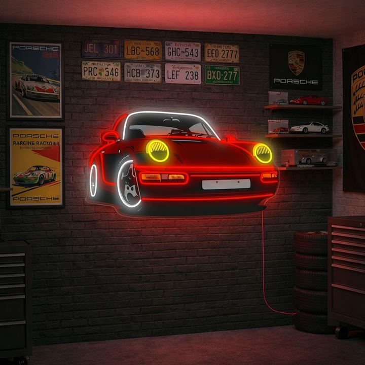 neon sportwagen rood met gele koplampen
