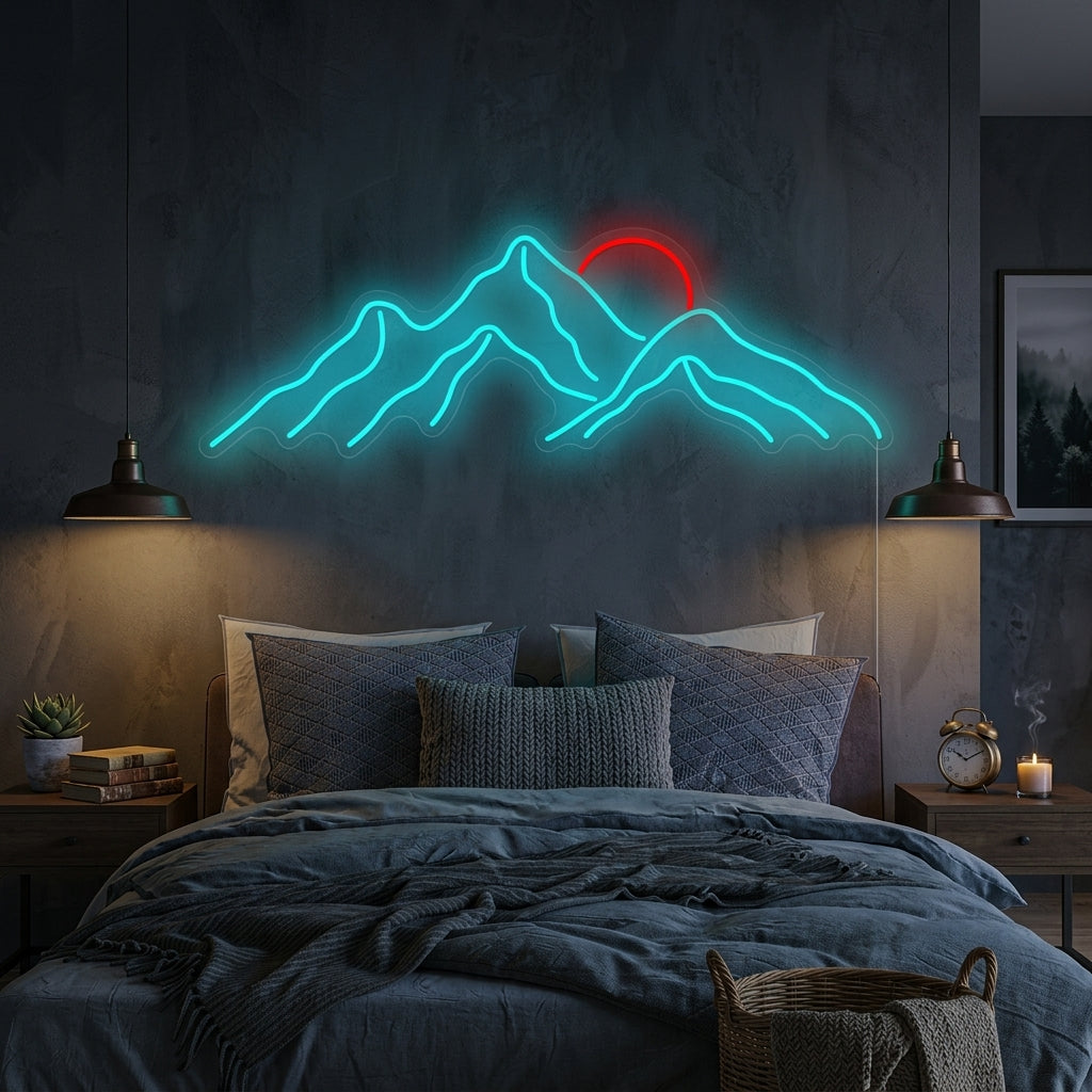 neon bergen met rode zon