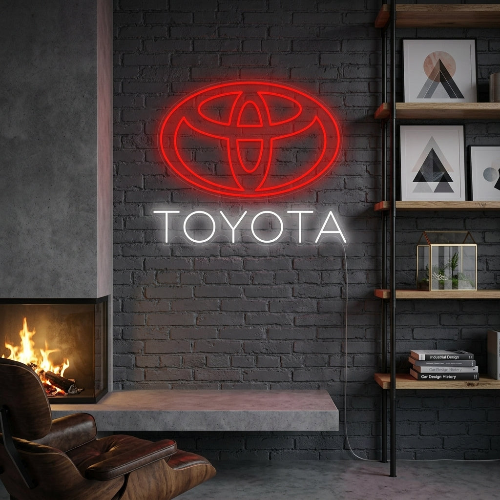 Neon LED Toyota embleem rood wit, garageverlichting.