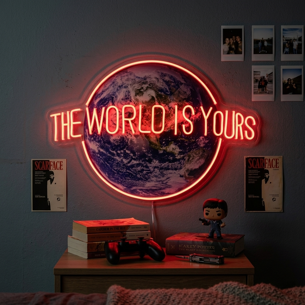 Neon sign met tekst The World Is Yours en wereldbol