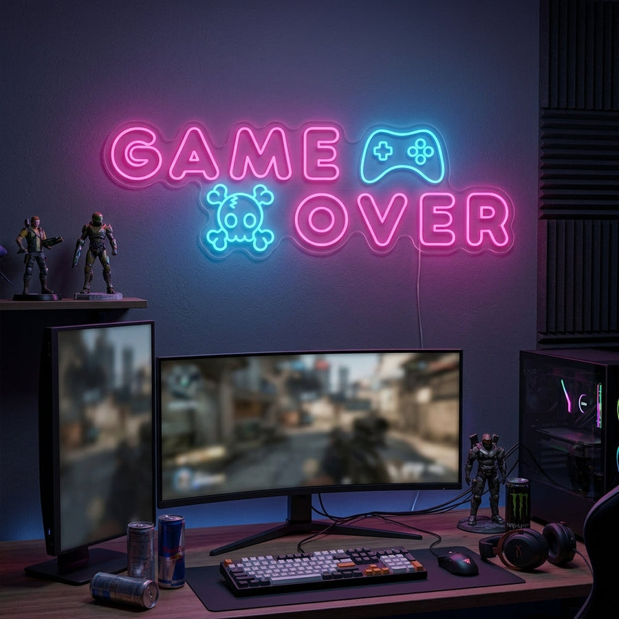 Game Over neon tekst met controller icoon
