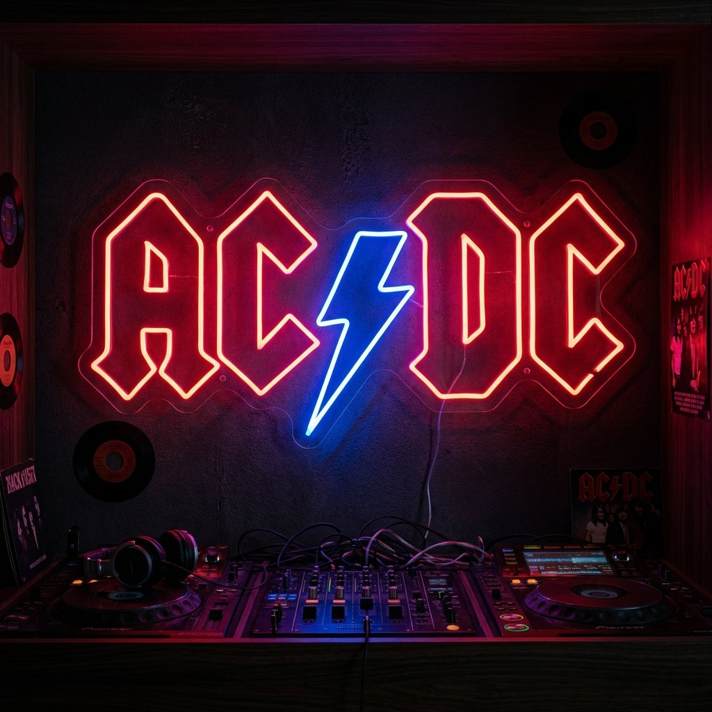 Neon LED AC/DC logo rood blauw, rockstudio decoratie.