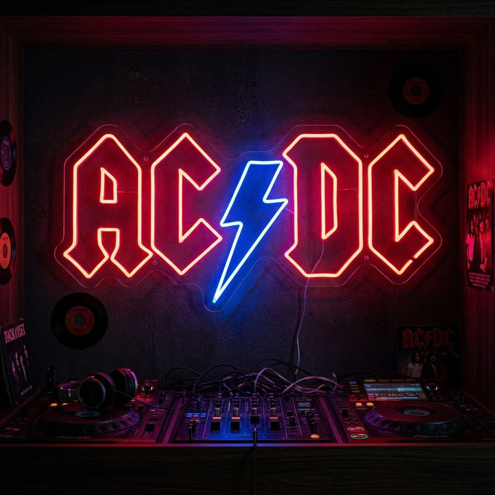 Neon LED AC/DC logo rood blauw, rockstudio decoratie.