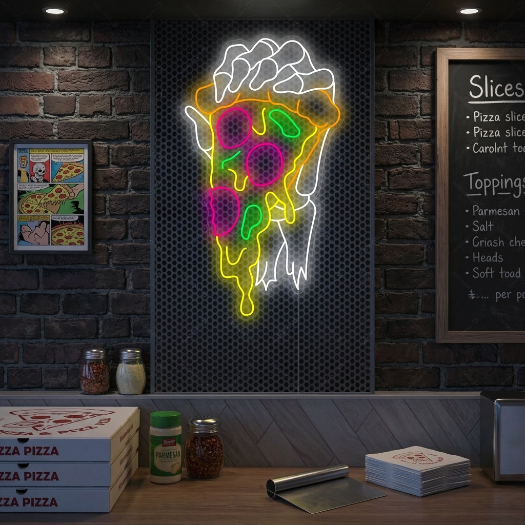 "Skelethand die pizza vasthoudt" Neonbord