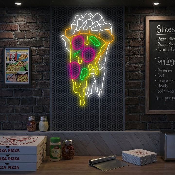 "Skelethand die pizza vasthoudt" Neonbord