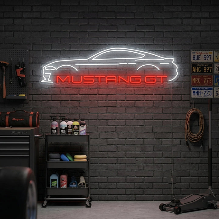 Ford Mustang GT autosilhouet in wit en rood LED neon