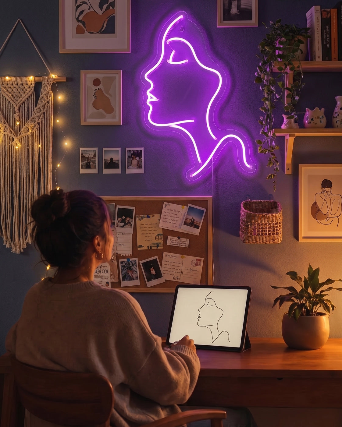 A creator turning a simple portrait sketch into a custom neon artwork
