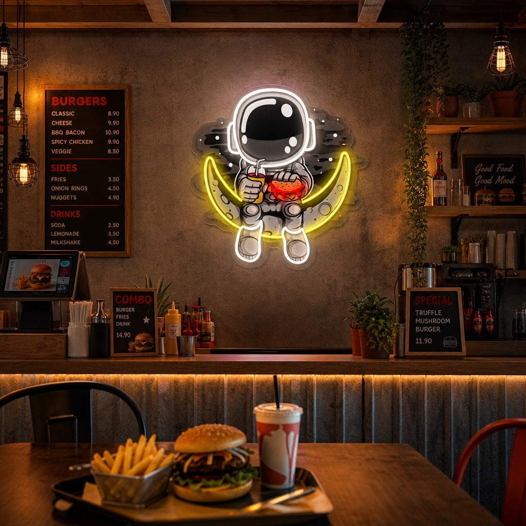 "Astronaut Moon Burger, Fast Food Logo" UV-geprint LED-neonbord