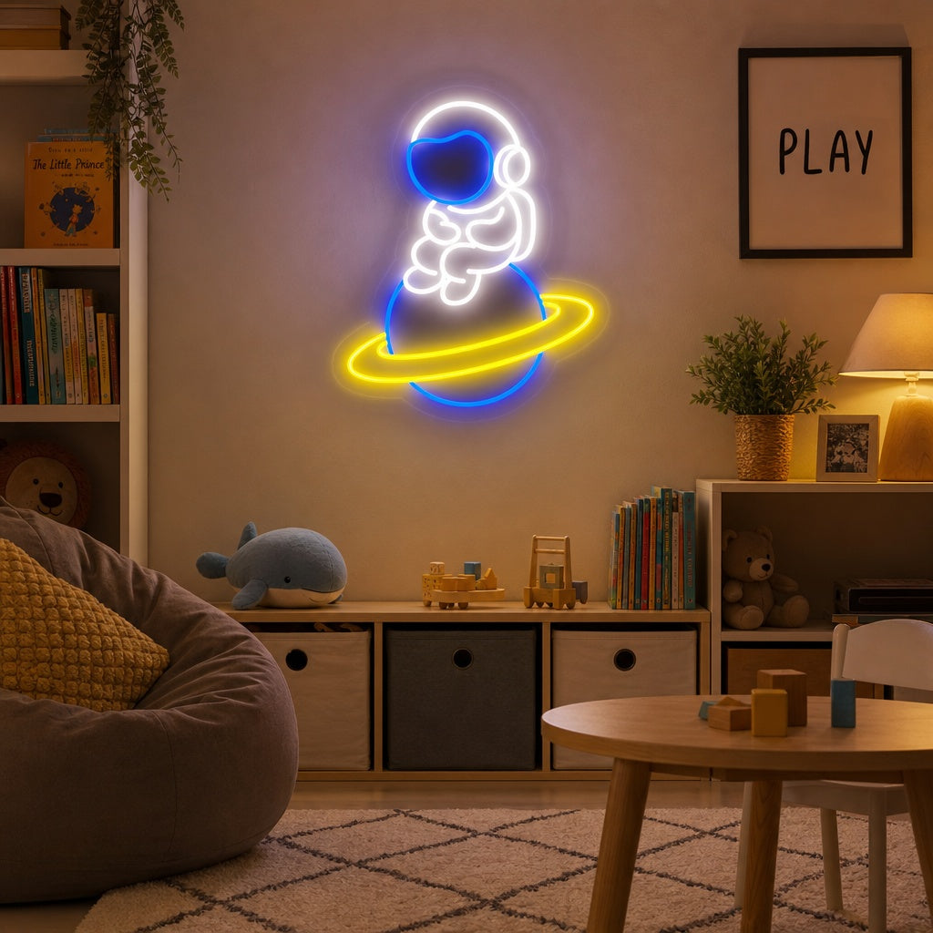 "Astronaut Ruimtevaarder Zittend Op Planeet" Neon Verlichting