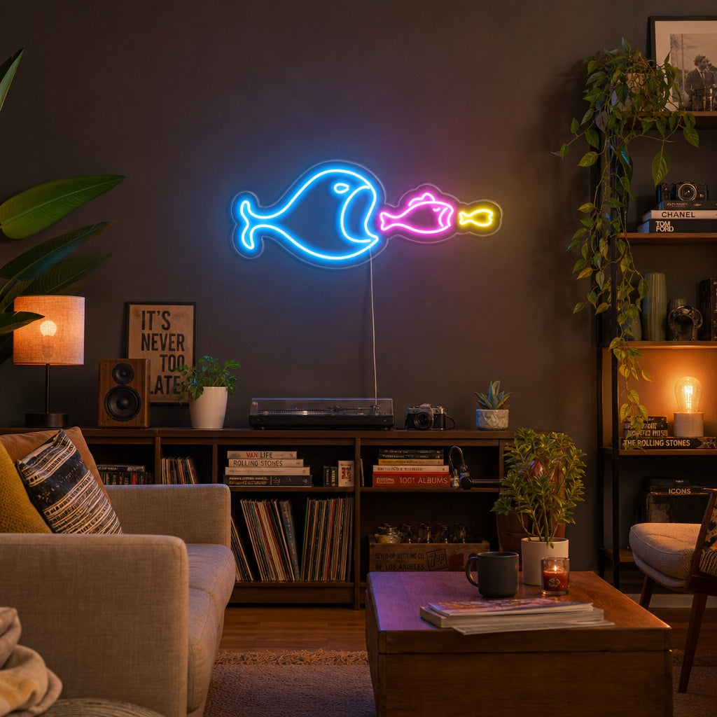 neon grote vis eet kleine vissen