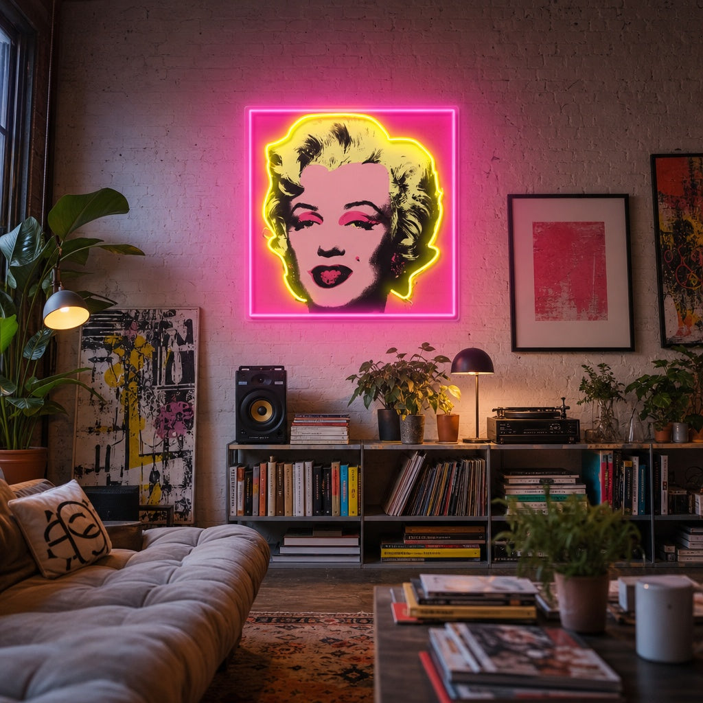Neon LED-bord pop-art portret van diva, kleurrijke wanddecoratie.