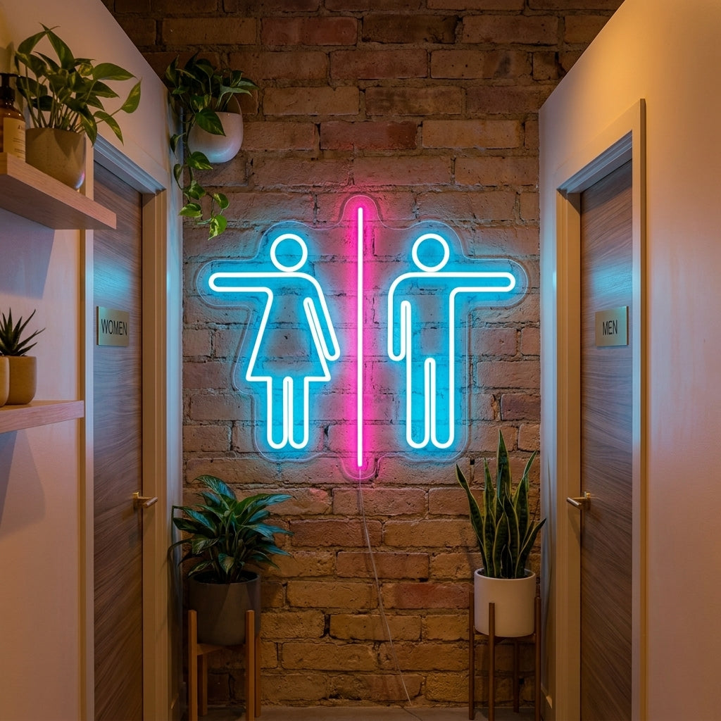 Neon LED-bord met man/vrouw-toileticonen, moderne bewegwijzering.