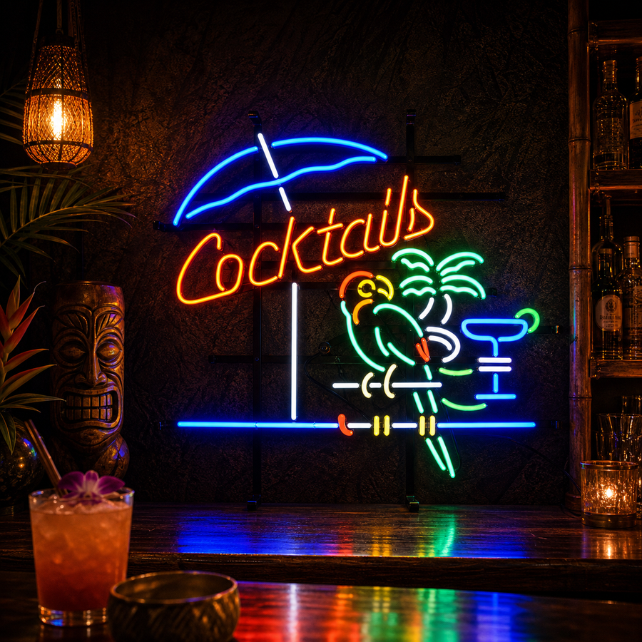 Neon LED-bord “Cocktails” met parasol en tropische scène, kleurrijke barverlichting.